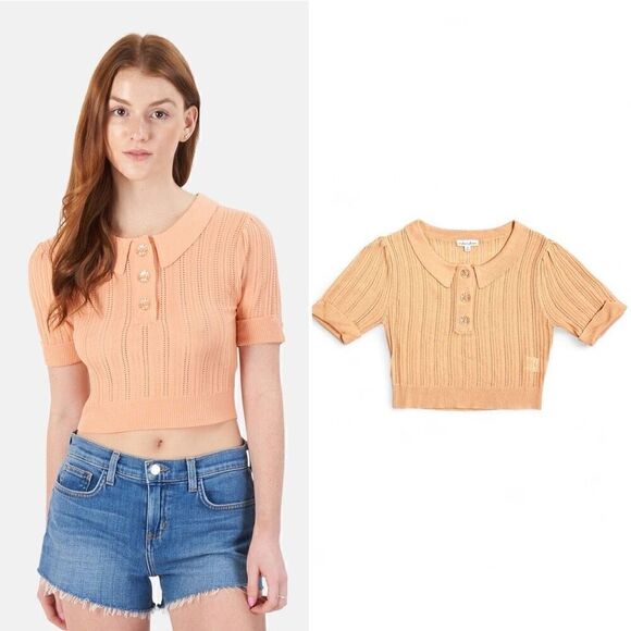 For Love & Lemon Phoebe Pointelle Polo Sweater Sherbet Size M Sweet Coquette - Picture 1 of 15